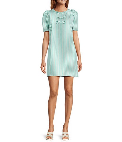 Abbey Glass Marty Stripe Print Crew Neckline Short Puff Sleeve Poplin Mini Shift Dress