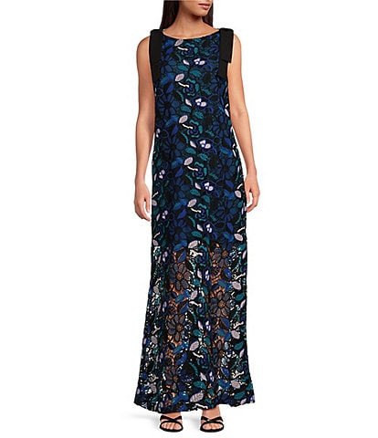 Abbey Glass Michelle Floral Lace High Boat Neck Bow Shoulder Sleeveless Shift Gown