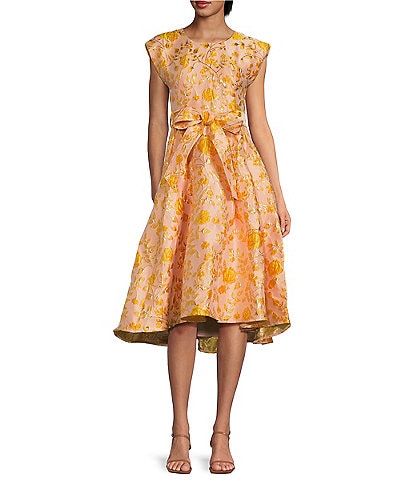 Abbey Glass Olivia Floral Jacquard Crew Neck Short Sleeve Self-Tie Belt Midi Dress