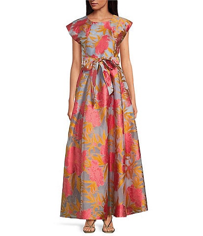 Abbey Glass Olivia Printed Round Neckline Cap Sleeve Organza A-Line Gown