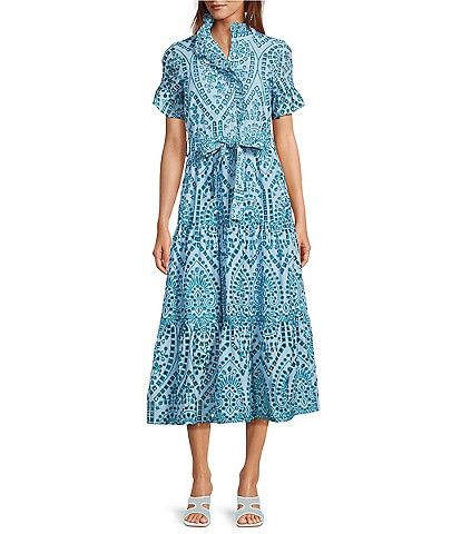 Abbey Glass Sadie Eyelet Short Ruffle Sleeve Self Tie Tiered Skirt A-Line Midi Dress
