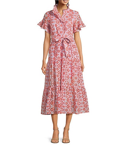 Abbey Glass Sadie Eyelet Short Ruffle Sleeve Self Tie Tiered Skirt A-Line Midi Dress