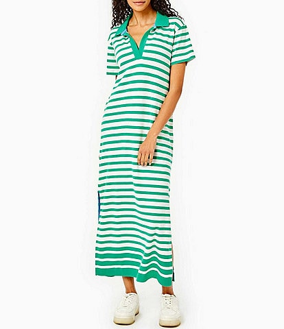 Addison Bay Kiawah Striped Polo Short Sleeve Side Slit Shift Maxi Dress