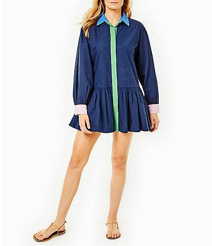 Addison Bay Lane Color Block Point Collar Long Blouson Sleeve Peplum Dropped Waist Flounce Mini Shirt Dress