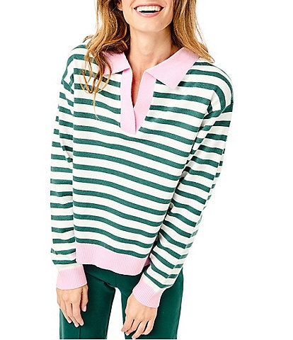 Addison Bay Lauderdale Color Block Stripe Point Collar V-Neck Dropped Long Sleeve Pullover Sweater