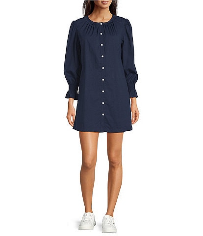 Addison Bay Sailor Solid Woven Long Puff Sleeve Button Front A-Line Dress