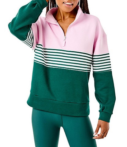 Addison Bay Stripe Color Block Varsity Quarter Zip Long Sleeve Pullover