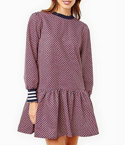 Addison Bay Vine Geometric Print Crew Neck Long Sleeve A-Line Zip Back Dress