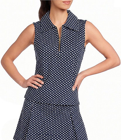 Addison Bay Virginian Dot Printed Collared Zip Front Sleeveless Coordinating Ponte Polo Top