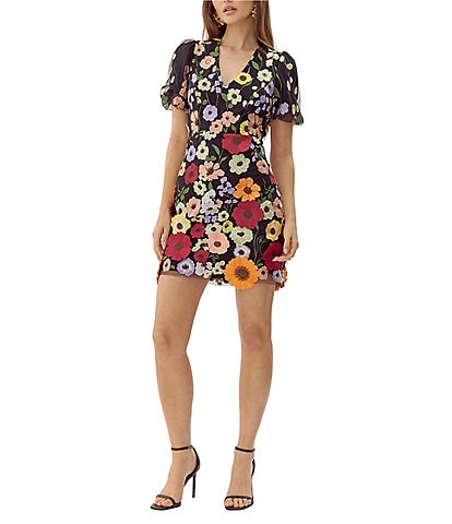 Adelyn Rae 3D Floral Embroidered Mesh V-Neck Short Sleeve Mini Dress