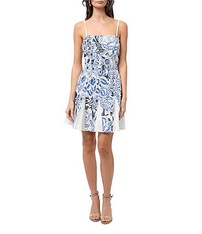 Adelyn Rae Bruan Embroidered Floral Print Square Neck Sleeveless Fit and Flare Mini Dress