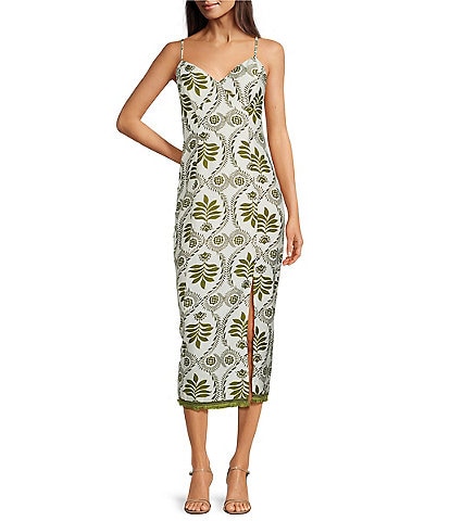 Adelyn Rae Denna Woven Tropical Palm Print V Neck Sleeveless Fringe Hem Slip Midi Dress
