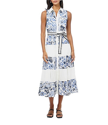 Adelyn Rae Ethena Embroidered Floral Print Point Collar Neck Sleeveless Belted Button Front A-Line Midi Dress