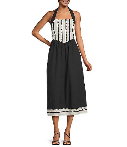 Adelyn Rae Fernanda Cotton Stripe Halter Neck Sleeveless Novelty Trim A-Line Midi Dress