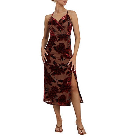 Adelyn Rae Floral Burnout Velvet Surplice V-Neck Sleeveless Midi Dress