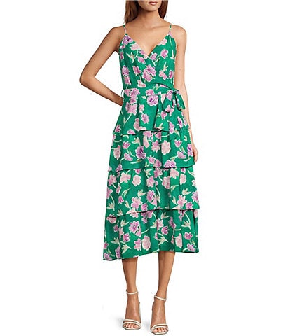Adelyn Rae Floral Printed V Neckline Sleeveless Tiered Maxi Dress