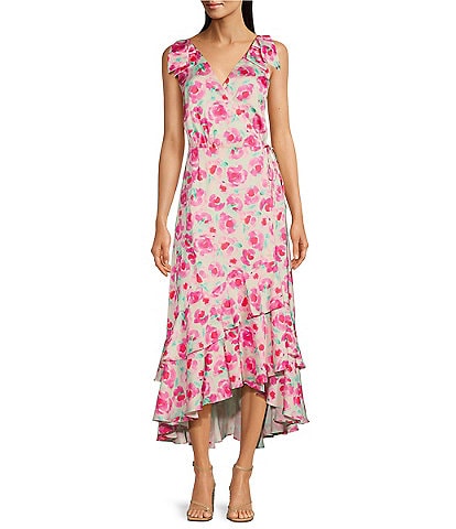 Adelyn Rae Floral V Neckline Sleeveless Wrap Asymmetrical Hemline Maxi Dress