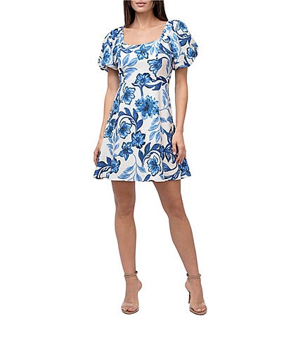 Adelyn Rae Halton Woven Floral Print Square Neck Short Puff Sleeve Sheath Mini Dress