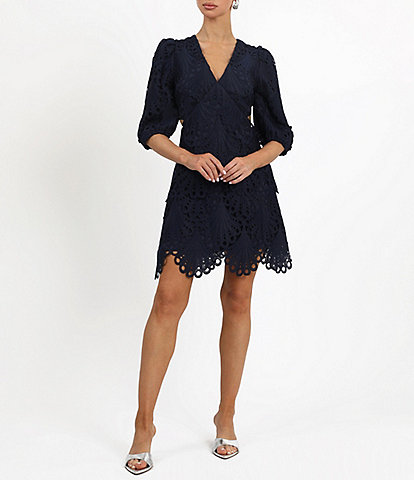 Adelyn Rae Lace V Neckline 3/4 Sleeve Cut Out Tiered Mini Dress