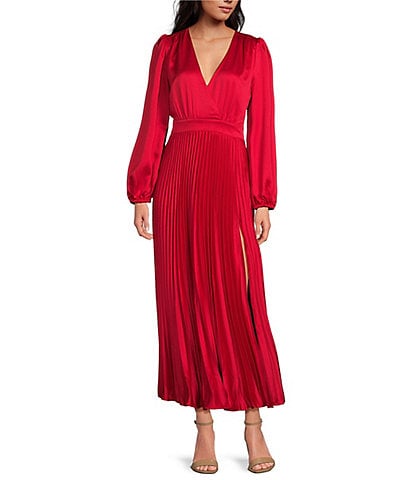 Adelyn Rae Pleated Satin V-Neck Long Sleeve Midi Dress