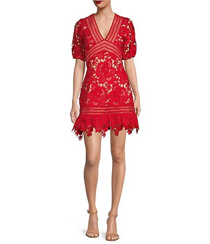 Adelyn Rae V-Neck 3D Floral Lace Short Sleeve Sheath Tonal Trim Scalloped Hem Dress