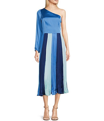 Adelyn Rae Satin Pleated One Shoulder Color Blocked Midi Dress