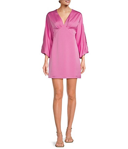 Adelyn Rae Satin V-Neck Long Bell Sleeve Mini Dress