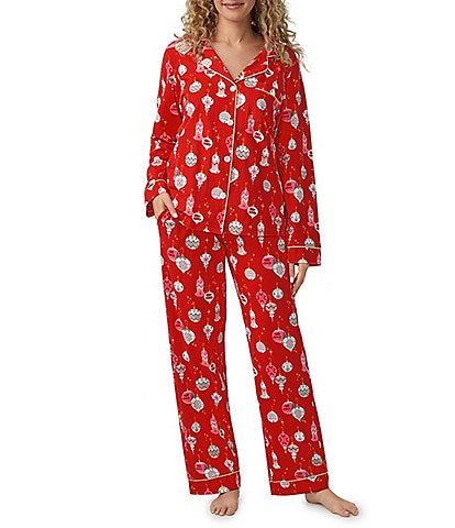 Adornment Jersey Knit Notch Collar Long Sleeve Holiday Pajama Set