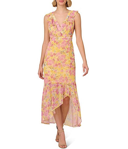 Adrianna by Adrianna Papell Chiffon Floral Print V-Neck Flutter Sleeve Asymmetrical Hem Midi Dress