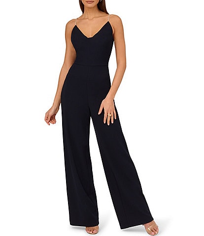 Adrianna by Adrianna Papell Crepe Cowl Neck Sleeveless Pearl Strap Straight Leg Jumpsuit