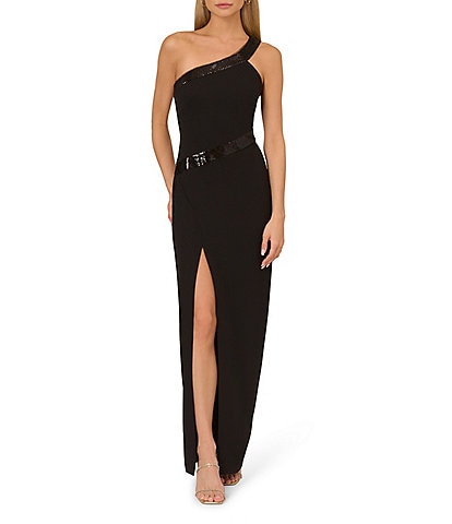 Adrianna by Adrianna Papell Crepe Sequin One Shoulder Sleeveless Side Slit Column Gown