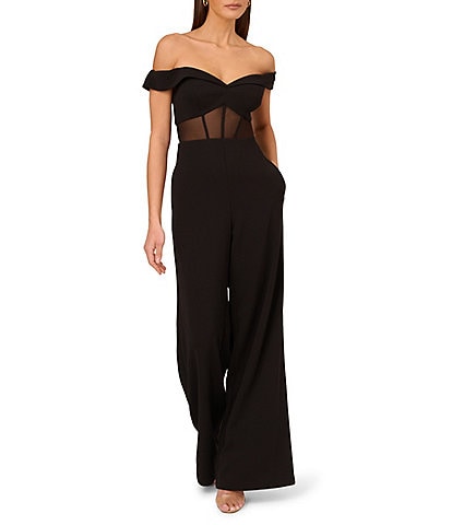 Adrianna by Adrianna Papell Crepe Sweetheart Off-the-Shoulder Mesh Coreset Wide Leg Jumpsuit
