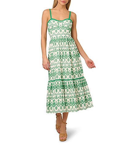Adrianna by Adrianna Papell Eyelet Printed Sweetheart Neck Sleeveless A-Line Midi Dress