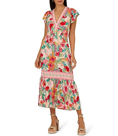 Adrianna by Adrianna Papell Floral V-Neckline Flutter Cap Sleeve Midi Dress