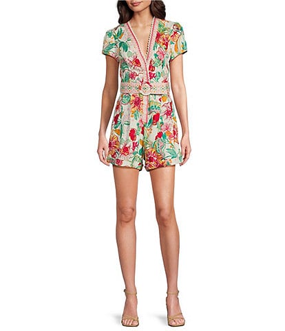 Adrianna by Adrianna Papell Floral V-Neckline Short Sleeve Belted Romper
