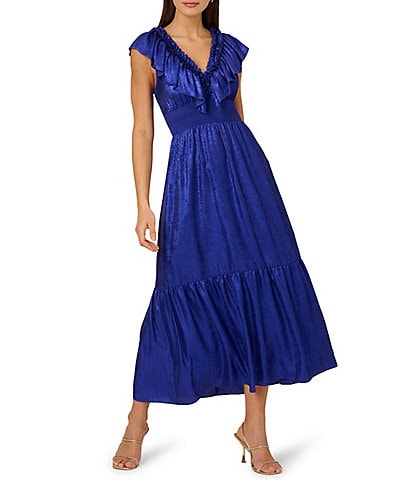 Adrianna by Adrianna Papell Foiled Chiffon V-Neck Cap Sleeve Ruffle A-Line Midi Dress