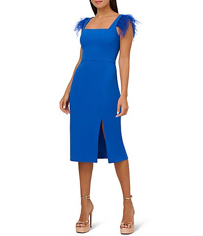 Adrianna by Adrianna Papell Knit Crepe Square Neck Feather Sleeve Side Slit Midi Dress