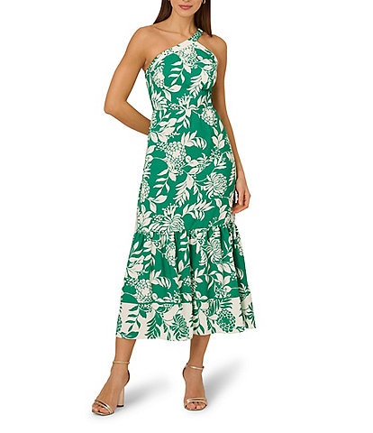 Adrianna by Adrianna Papell Knit Floral Print One-Shoulder Neck Sleeveless Fit and Flare Midi Dress