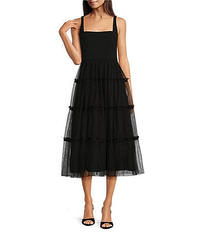 Adrianna by Adrianna Papell Knit Mesh Square Neck Sleeveless Tiered Ruffle Midi Dress