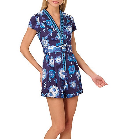 Adrianna by Adrianna Papell Short Sleeve Belted Floral Printed Cotton Romper
