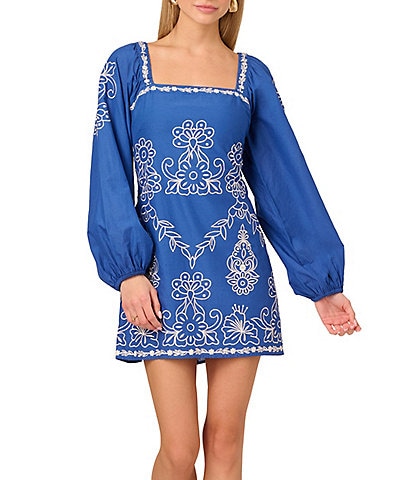 Adrianna by Adrianna Papell Square Neck Long Sleeve Embroidered Cotton Sheath Dress