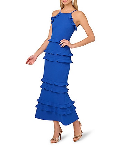 Adrianna by Adrianna Papell Square Neck Sleeveless Flounce Trim Column Gown
