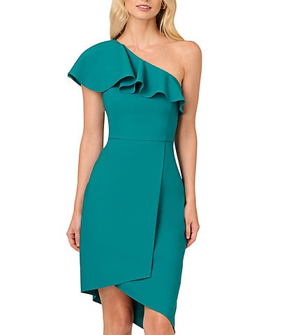 Adrianna by Adrianna Papell Stretch Crepe One Shoulder Ruffle Neck Asymmetrical Hem Wrap Waist Dress