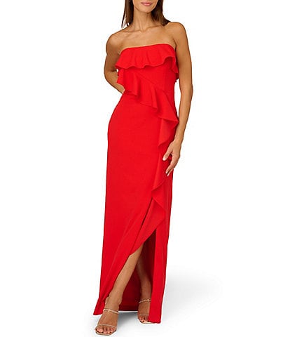 Adrianna by Adrianna Papell Stretch Crepe Strapless Ruffle Neck Sleeveless Cascading Ruffle Gown
