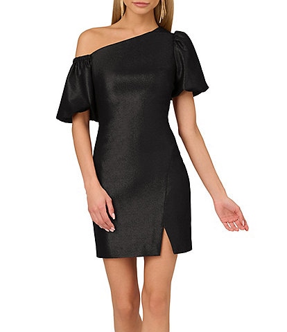 Adrianna by Adrianna Papell Stretch Jacquard Asymmetrical One Shoulder Short Puff Sleeve Mini Dress