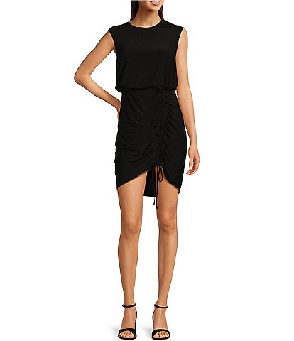 Adrianna by Adrianna Papell Stretch Jersey Round Neck Sleeveless Ruched Blouson Mini Dress