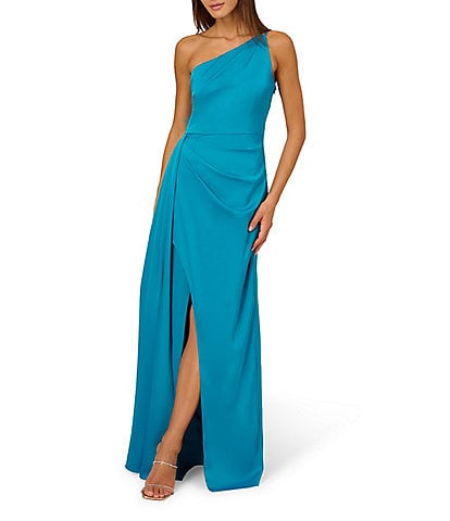 Adrianna by Adrianna Papell Stretch Satin One Shoulder Sleeveless Pleated Wrap Skirt Gown
