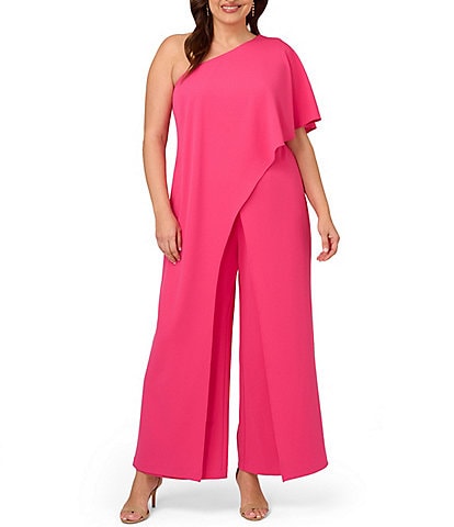 Adrianna Papell Plus Size One Shoulder Overlay Sleeve Wide Leg Jumpsuit