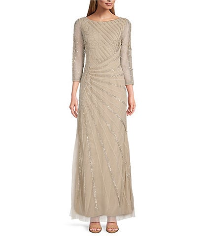 Adrianna Papell 3/4 Sheer Sleeve Boat Neck A-Line Beaded Mesh Gown