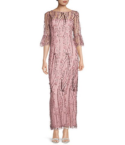 Adrianna Papell 3D Floral Beaded 3/4 Bell Sleeve Boat Neck Sheath Gown